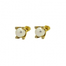 Χρυσά σκουλαρίκια καρφωτά Κ14  με μαργαριτάρι και λευκά ζιργκόν