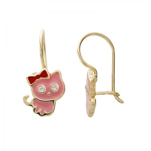 Σκουλαρίκια κρεμαστά Κ14 με ρόζ κόκκινο σμάλτο γατούλα