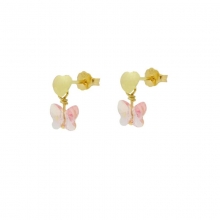 Σκουλαρίκια καρφωτά χρυσός Κ14 καρδούλες λουστρέ με κρεμαστές πεταλούδες με ροζ πέτρα