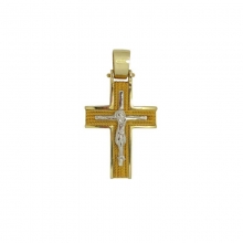 Βαπτιστικός Σταυρός σε κίτρινο χρυσό Κ14 χειροποίητος σύρματινος με λευκό εσταυρωμένο