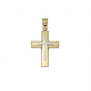 Βαπτιστικός δίχρωμος σταυρός από κίτρινο και λευκό χρυσό Κ14