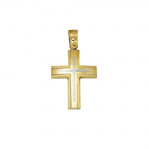 Βαπτιστικός δίχρωμος χρυσός σταυρός από κίτρινο και λευκό χρυσό Κ14