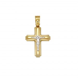 Βαπτιστικός δίχρωμος χρυσός σταυρός από κίτρινο και λευκό χρυσό Κ14 με εσταυρωμένο