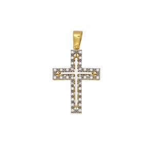 Βαπτιστικός δίχρωμος σταυρός από κίτρινο και λευκό χρυσό Κ14  διπλής όψης με λευκό σταυρουδάκι και λευκά ζιργκόν