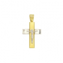 Βαπτιστικός Σταυρός ανδρικός δίχρωμος σε λευκό και κίτρινο χρυσό Κ14 με εσταυρωμένο