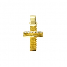 Γυναικείος-Βαπτιστικός Σταυρός χειροποίητος συρμάτινος σε κίτρινο χρυσό Κ14 με λευκά ζιργκόν