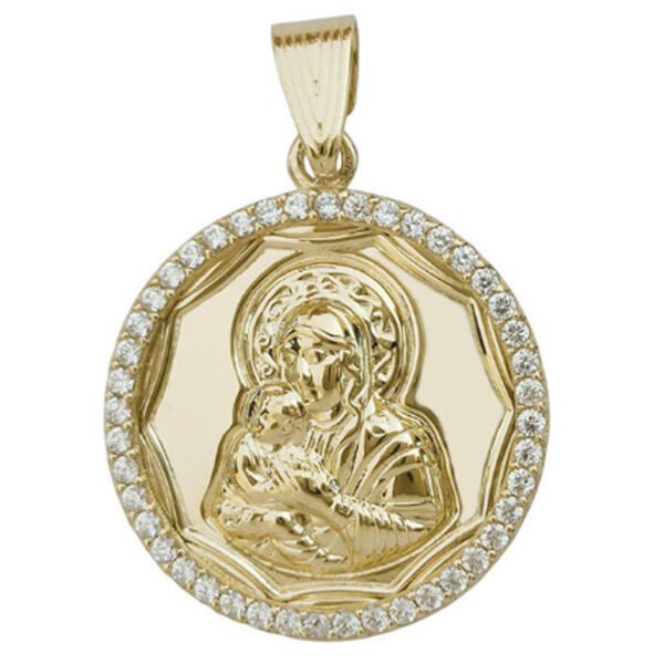 Μενταγιόν χρυσό Κ14 παναγία με λευκά ζιργόν
