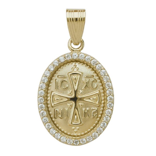 Μενταγιόν χρυσό Κ14 κωνσταντινάτο ICXCNIKA διπλής όψης με λευκά ζιργόν
