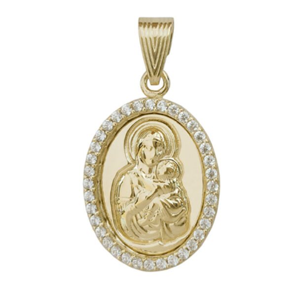 Μενταγιόν χρυσό Κ14 παναγία οβάλ με λευκά ζιργόν