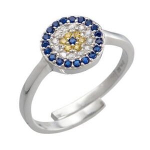 GKJD_RG017 Ασημένιο δαχτυλίδι 925 με μπλέ-κίτρινα-λευκά ζιργκόν
