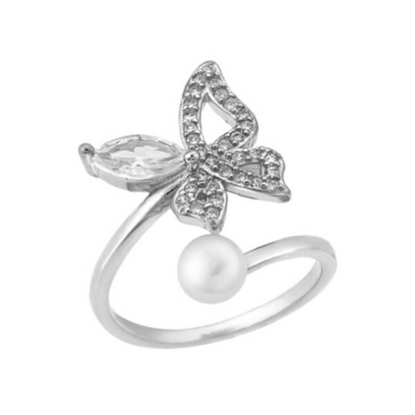 Ασημένιο δαχτυλίδι 925 πεταλούδα με ζιργκόν και μαργαριτάρι