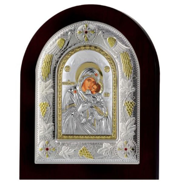 Ασημένια εικόνα Prince Silvero "Γλυκοφιλούσα Παναγία-Χριστός" σε ξύλο