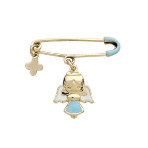 Χρυσή παραμάνα κ14 αγγελάκι σε γαλάζιο και λευκό σμάλτο με σταυρουδάκι λουστρέ
