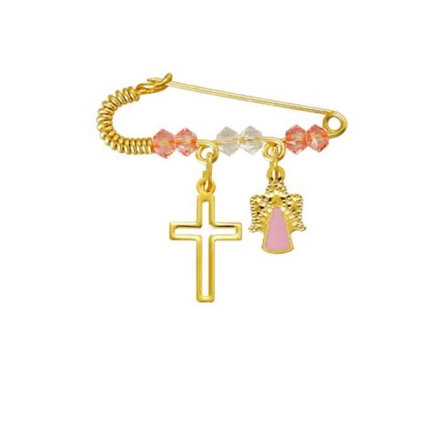 Παραμάνα με χάντρες με αγγελάκι και κρεμαστό σταυρουδάκι σε κίτρινο χρυσό Κ14