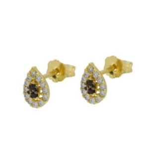 Χρυσά σκουλαρίκια καρφωτά Κ14 "Σταγόνα Μικρή" με λευκά και μαύρα ζιργκόν