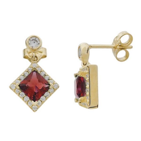 Σκουλαρίκια καρφωτά χρυσά ροζέτα Κ14 με κόκκινα και λευκά ζιργκόν