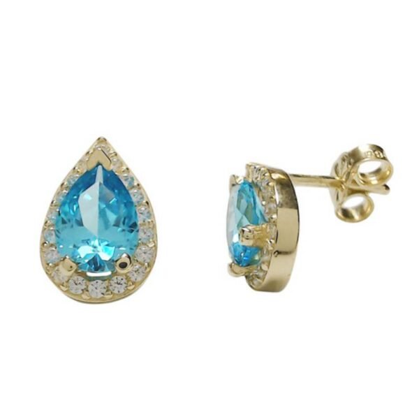 Χρυσα σκουλαρίκια καρφωτά Κ14 ροζέτα σταγόνα με λευκά και aqua marine ζιργκόν