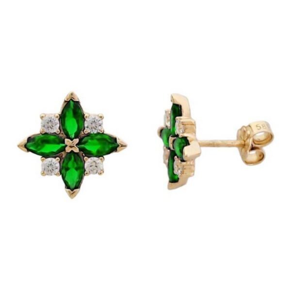 Χρυσά σκουλαρίκια καρφωτά Κ14 άστρο με λευκά και πράσινα ζιργκόν
