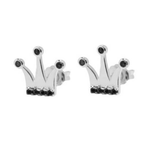Λευκόχρυσα σκουλαρίκια καρφωτά Κ14 "Κορώνα" με μαύρα ζιργκόν