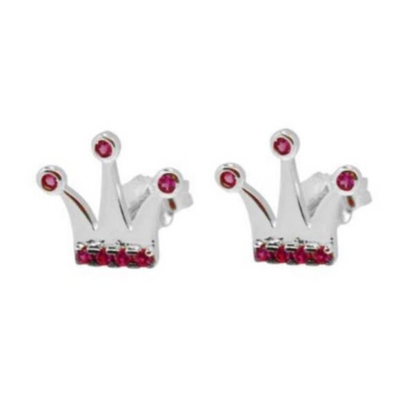 Λευκόχρυσα σκουλαρίκια καρφωτά Κ14 "Κορώνα" με φουξ ζιργκόν