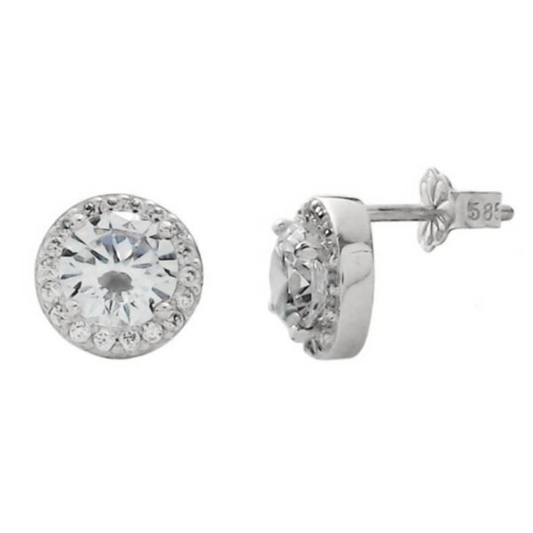 Λευκόχρυσα σκουλαρίκια καρφωτά Κ14 ροζέτα με λευκά ζιργκόν