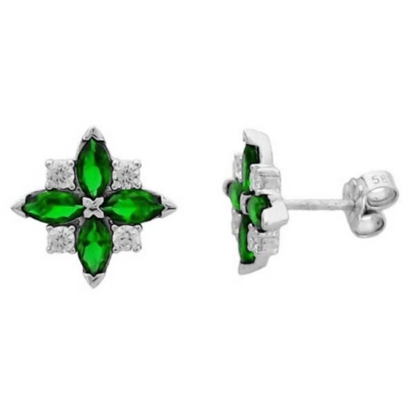Λευκόχρυσα σκουλαρίκια καρφωτά Κ14 άστρο με λευκά και πράσινα ζιργκόν