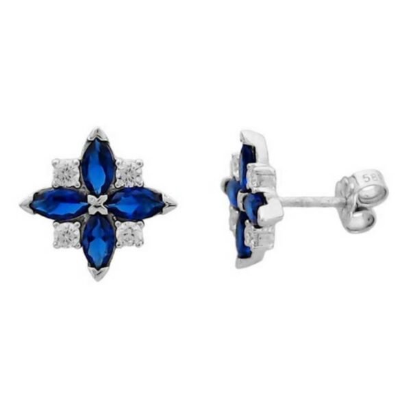 Λευκόχρυσα σκουλαρίκια καρφωτά Κ14 άστρο με λευκά και μπλέ ζιργκόν