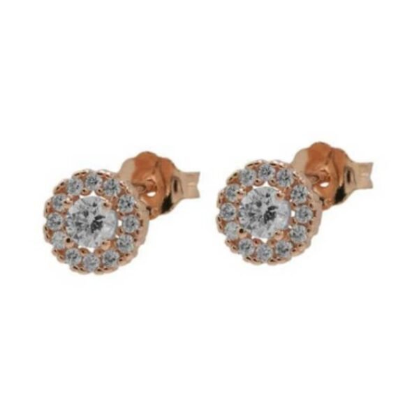 Σκουλαρίκια καρφωτά Κ14 ροζ χρυσός "ροζέτα" με λευκά ζιργκόν