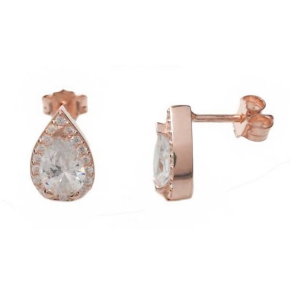 Χρυσά σκουλαρίκια καρφωτά ρόζ Κ14 σταγόνα μεγάλη με λευκά ζιργκόν