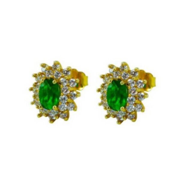 Χρυσά σκουλαρίκια καρφωτά Κ14 με μαργαριτάρι με πράσινα και λευκά ζιργκόν