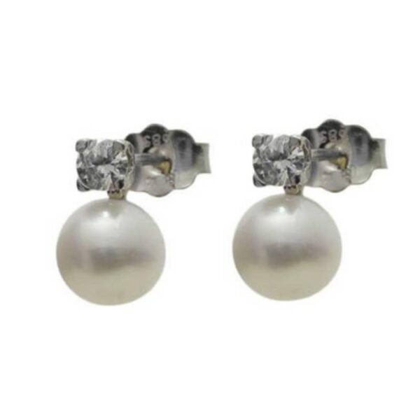 Σκουλαρίκια καρφωτά σε λευκό χρυσό Κ14 με μαργαριτάρι και λευκά ζιργκόν