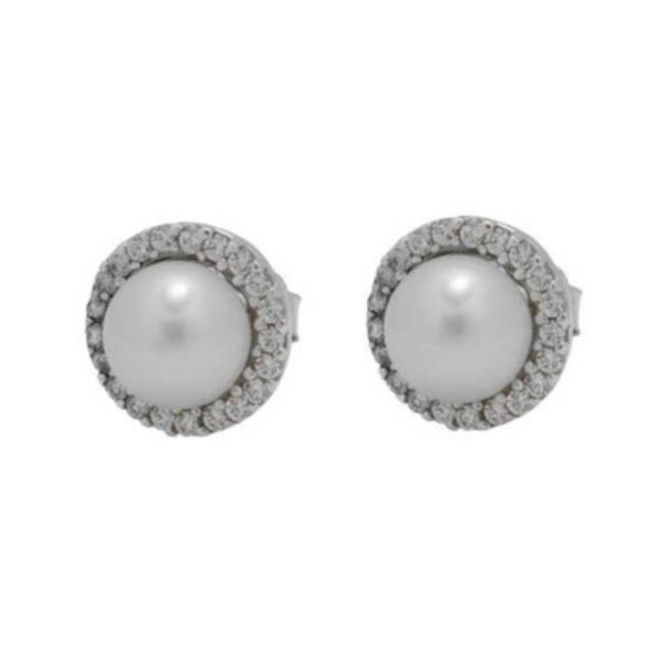 Λευκόχρυσα σκουλαρίκια καρφωτά Κ14 με μαργαριτάρι και λευκά ζιργκόν