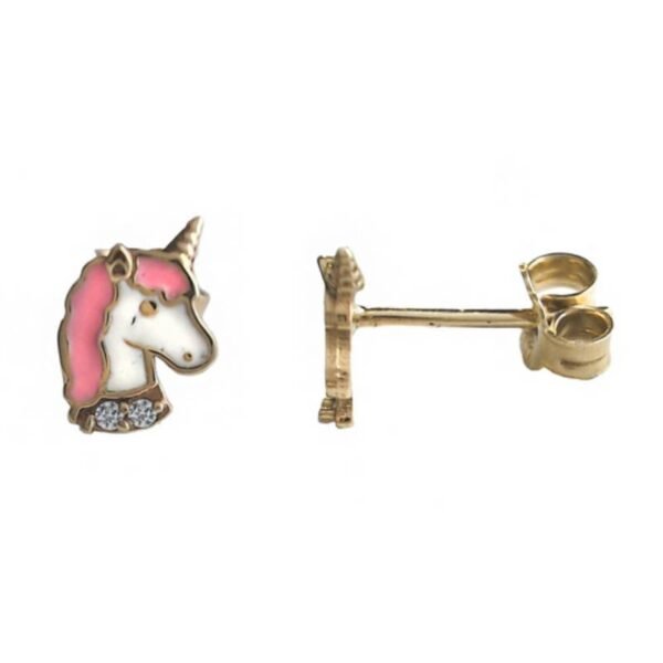 Χρυσά σκουλαρίκια καρφωτά Κ14 "μονόκερος" με ρόζ και λευκό σμάλτο και λευκά ζιργκόν