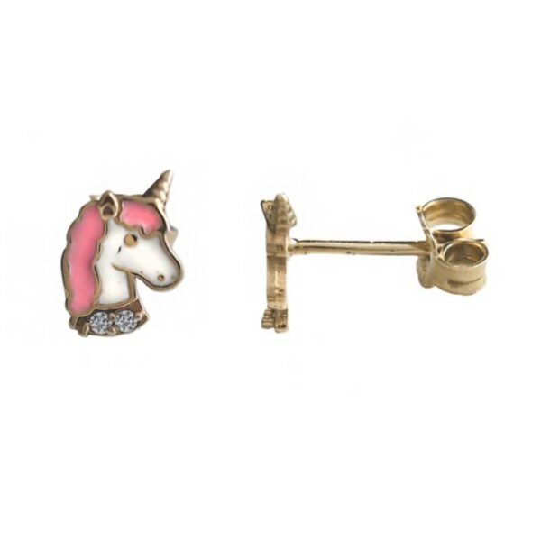 Χρυσά σκουλαρίκια καρφωτά Κ9 "μονόκερος" με ρόζ και λευκό σμάλτο και λευκά ζιργκόν