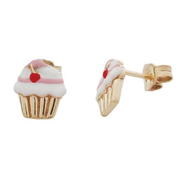 GK07319622 χρυσά σκουλαρίκια καρφωτά Κ9 "cupcake" με ρόζ και λευκό σμάλτο