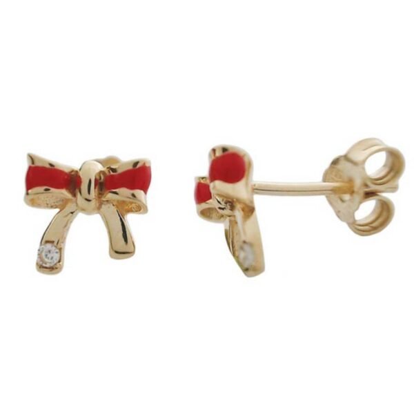 Χρυσά σκουλαρίκια καρφωτά Κ9 φιόγκος με λευκό ζιργόν και κόκκινο σμάλτο