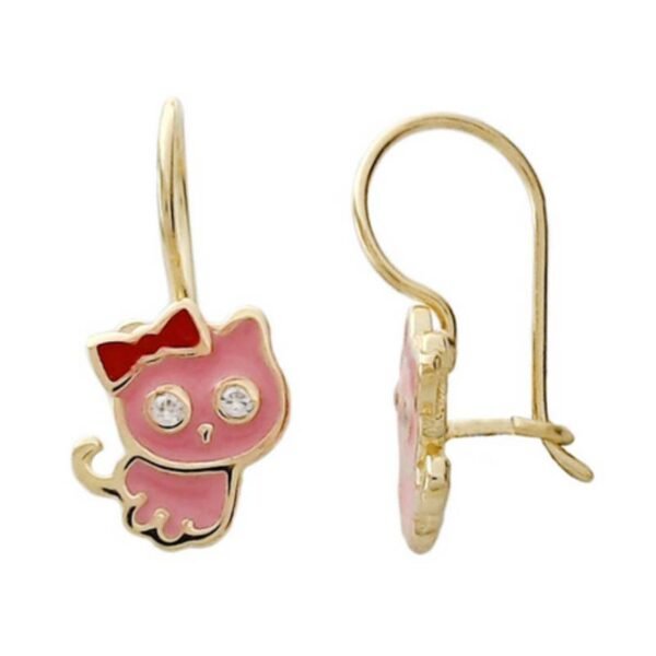 Σκουλαρίκια κρεμαστά Κ14 με ρόζ κόκκινο σμάλτο γατούλα