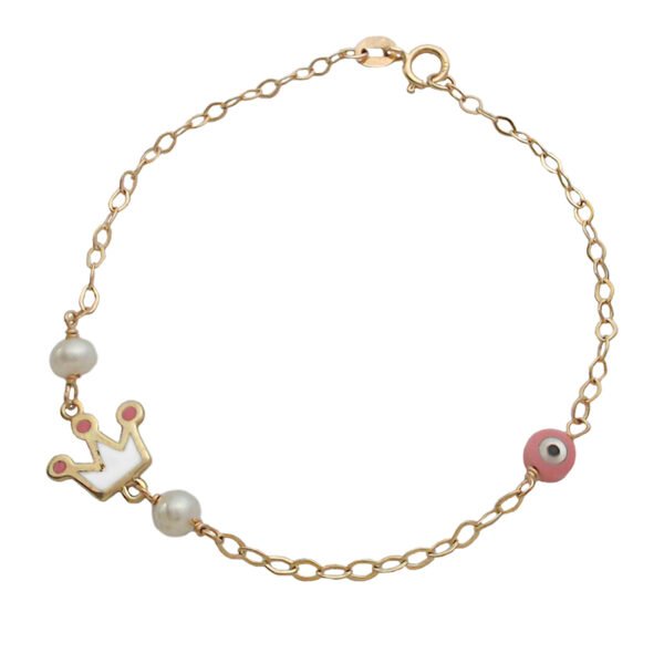 Χρυσό βραχιόλι κ14 κορώνα ροζ σμάλτο διπλής όψης με μαργαριτάρια και ματάκι