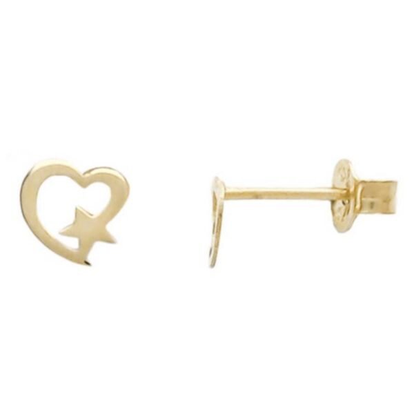 Xρυσά σκουλαρίκια καρφωτά Κ9 καρδιά με αστέρι λουστρέ