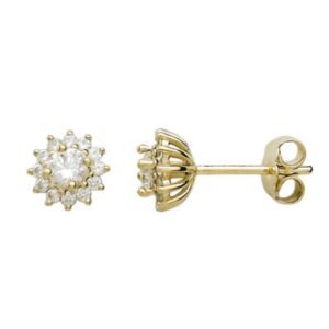 Χρυσα σκουλαρίκια καρφωτά Κ14 ροζέτα με λευκά ζιργκόν