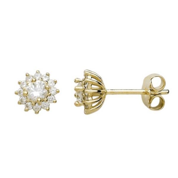 Χρυσα σκουλαρίκια καρφωτά Κ14 ροζέτα με λευκά ζιργκόν