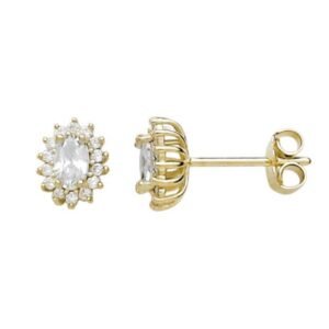 Χρυσα σκουλαρίκια καρφωτά Κ14 ροζέτα οβάλ με λευκά ζιργκόν