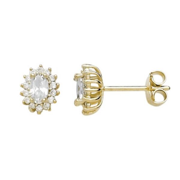 Χρυσα σκουλαρίκια καρφωτά Κ14 ροζέτα οβάλ με λευκά ζιργκόν