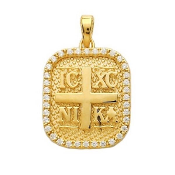 Χρυσό φυλαχτό Κ14 κωνσταντινάτο ICXCNIKA διπλής όψης τετράγωνο με λευκά ζιργόν