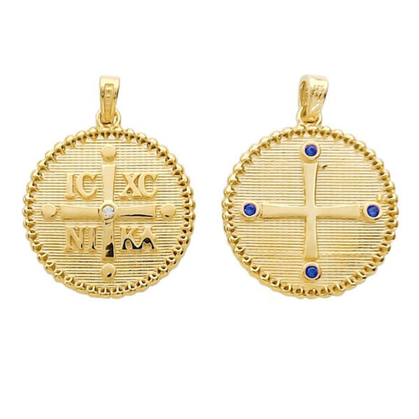 Φυλαχτό κωνσταντινάτο K14 ICXCNIKA στρόγγυλο διπλής όψης σταυρός με λευκό ζιργόν και τυρκουάζ πέτρες