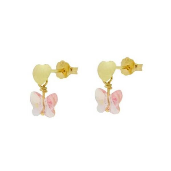 Σκουλαρίκια καρφωτά χρυσός Κ14 καρδούλες λουστρέ με κρεμαστές πεταλούδες με ροζ πέτρα