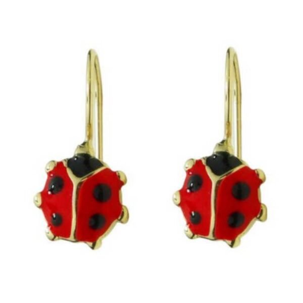 GK7319588 Σκουλαρίκια κρεμαστά Κ14 με κόκκινο και Μαύρο σμάλτο "Πασχαλίτσες"