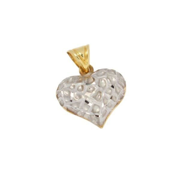 Μενταγιόν διπλής όψης με σχήμα καρδιάς (φουσκωτή) σε λευκό & κίτρινο χρυσό Κ14, η άλλη όψη είναι γυαλιστερή σε κίτρινο χρυσό