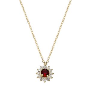 Κολιέ σε κίτρινο χρυσό Κ14 ροζέτα με λευκά και κόκκινο ζιργόν
