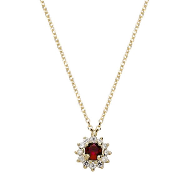Κολιέ σε κίτρινο χρυσό Κ14 ροζέτα με λευκά και κόκκινο ζιργόν